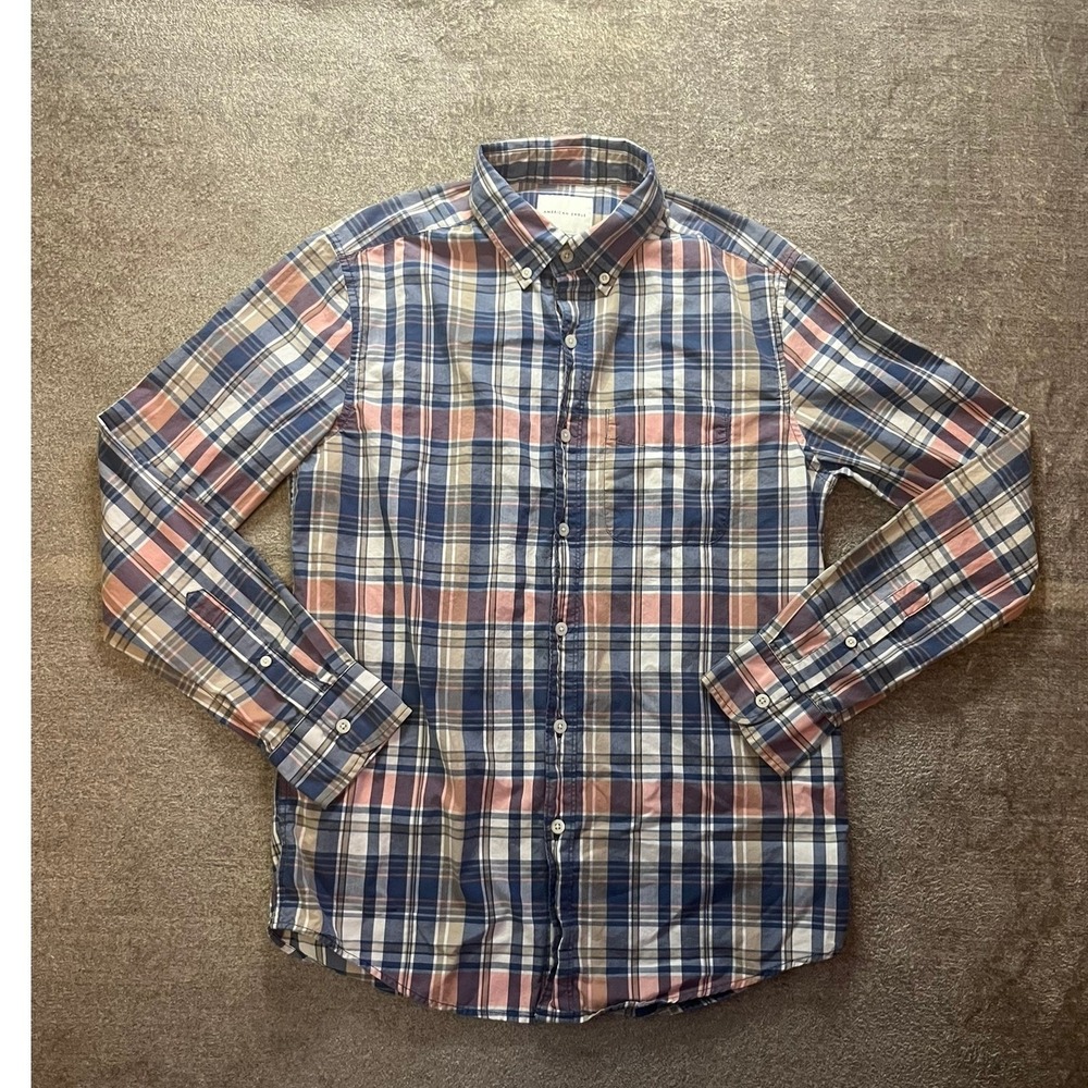 American Eagle Mens Small Plaid Button Down Shirt Blue Pink Long Sleeve Cotton